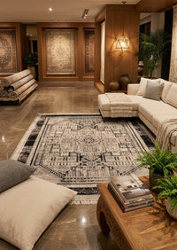 Black white Antique Bamboo Rug — area rug styled in a room, Stylish Rugs & Carpets, Sacramento