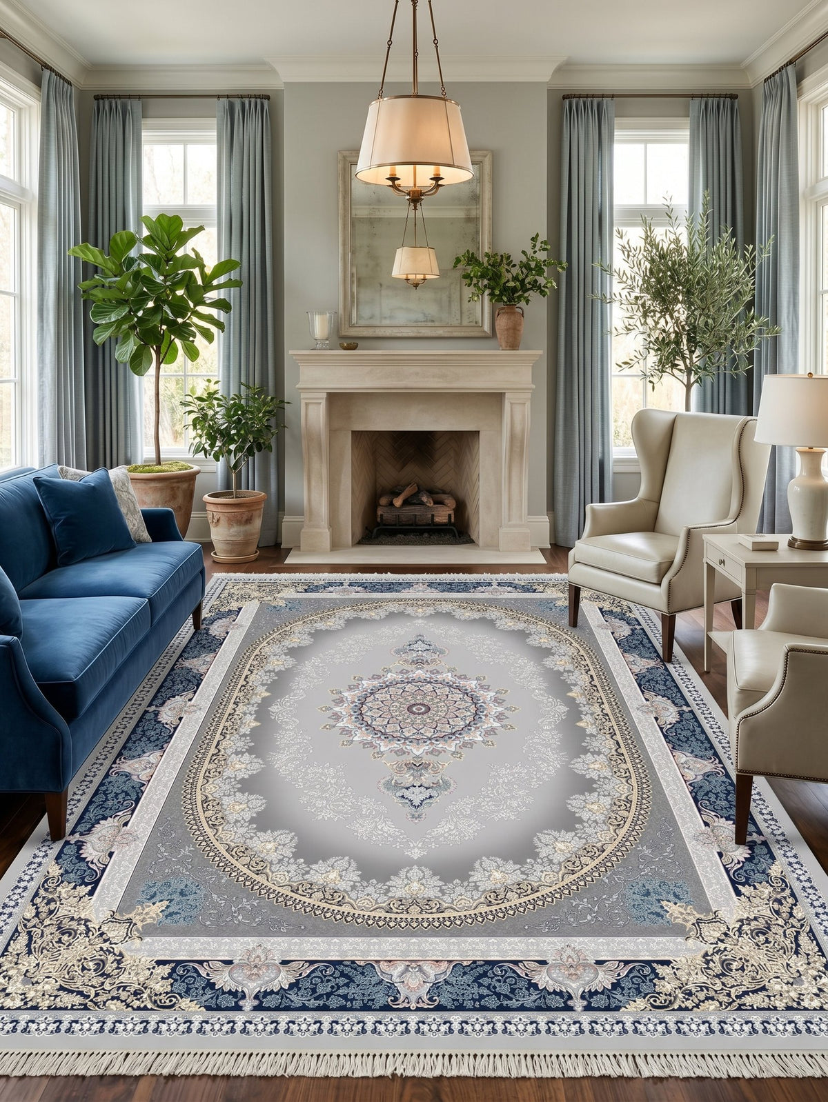 Navy-Border Silver Oval Medallion Persian Rug · 1200 Reeds styled in a room — Stylish Rugs & Carpets, Sacramento