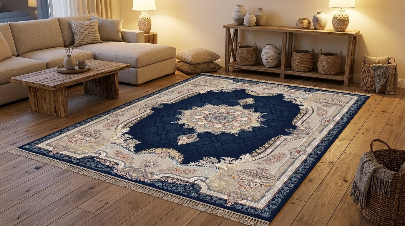 Navy Medallion Persian Rug · 1200 Reeds — size 5x7.5 ft (150x230 cm) 3.5Meters shown to scale in a living room — Stylish Rugs & Carpets, Sacramento