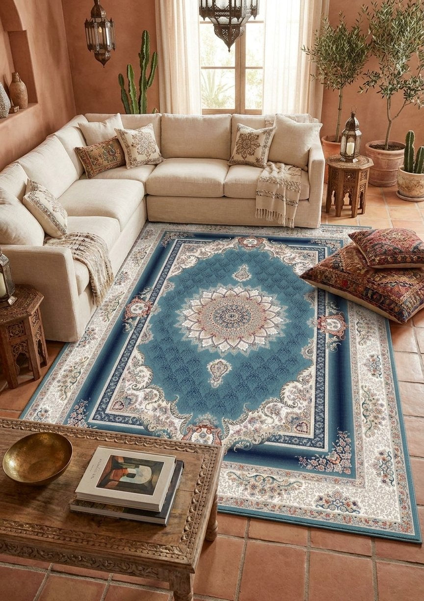 Teal Blue Medallion Persian Rug · 1200 Reeds rug styled in a Sacramento home — Stylish Rugs & Carpets