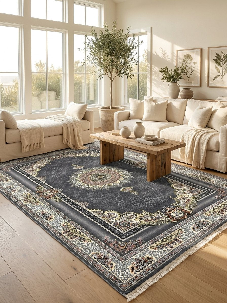 Dark Gray Floral Turkish Rug rug styled in a Sacramento home — Stylish Rugs & Carpets