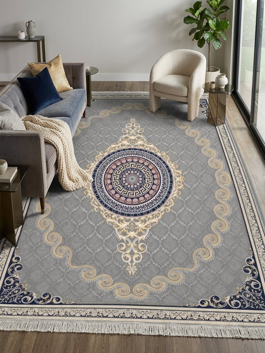 Silver & Gold Scroll Persian Rug · 1200 Reeds — size 10x13 Feet (300x400 cm) 12Meters shown to scale in a living room — Stylish Rugs & Carpets, Sacramento
