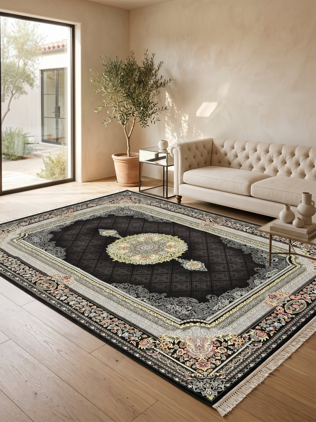 Black Diamond-Lattice Turkish Rug styled in a room — Stylish Rugs & Carpets, Sacramento