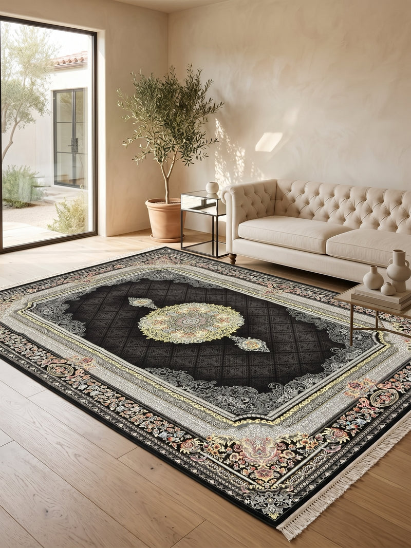 Black Diamond Lattice Medallion Turkish Rug | Stylish Rugs