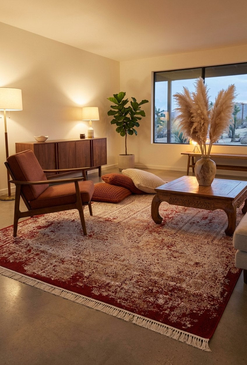 Red white Antique Rug — area rug styled in a room, Stylish Rugs & Carpets, Sacramento