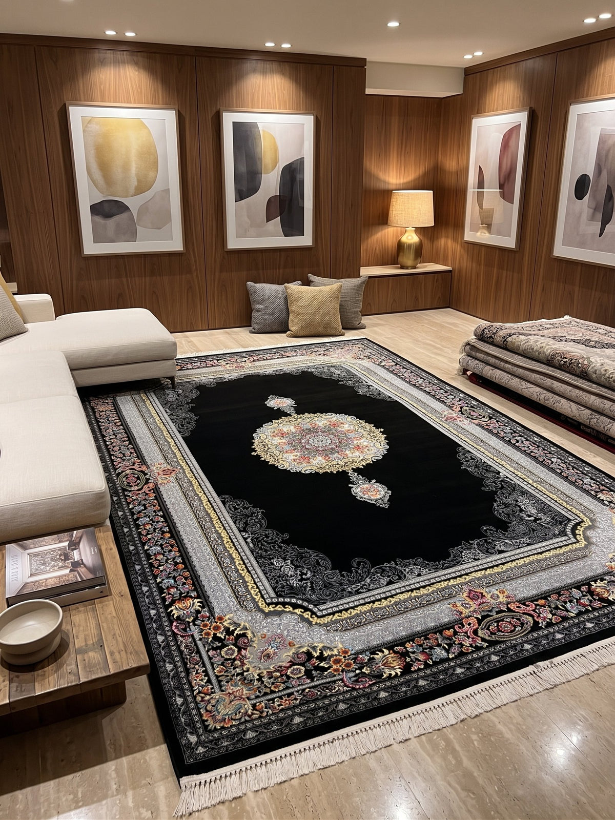 Black Medallion Shah Persian Rug styled in a room — Stylish Rugs & Carpets, Sacramento