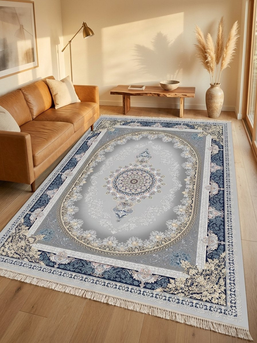 Navy Medallion Persian Rug · 1200 Reeds — size 3x10Feet (91x300cm)  3Meters Runner shown to scale in a living room — Stylish Rugs & Carpets, Sacramento