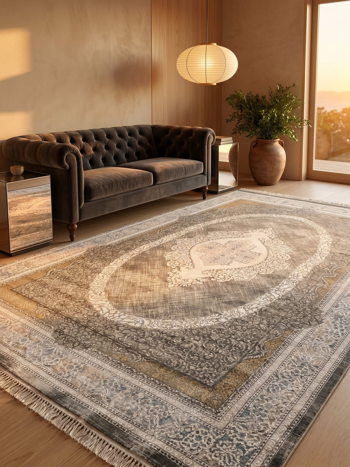 Dark Gray Medallion Turkish Rug styled in a room — Stylish Rugs & Carpets, Sacramento