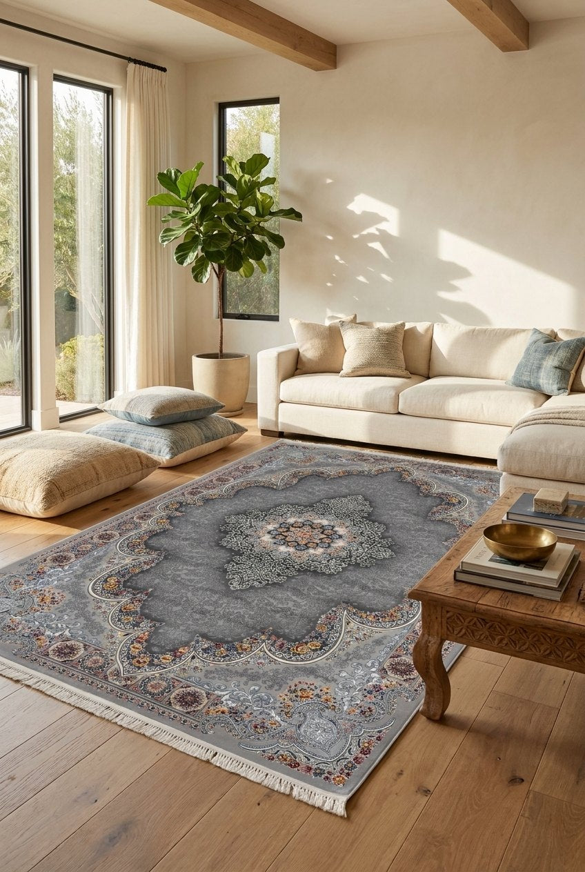 Light Gray Medallion Persian Rug · 1200 Reeds — size 3x13 Feet (91x400 cm) 4Meters Runner shown to scale in a living room — Stylish Rugs & Carpets, Sacramento