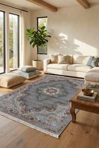 Light Gray Medallion Persian Rug · 1200 Reeds — size 3x13 Feet (91x400 cm) 4Meters Runner shown to scale in a living room — Stylish Rugs & Carpets, Sacramento