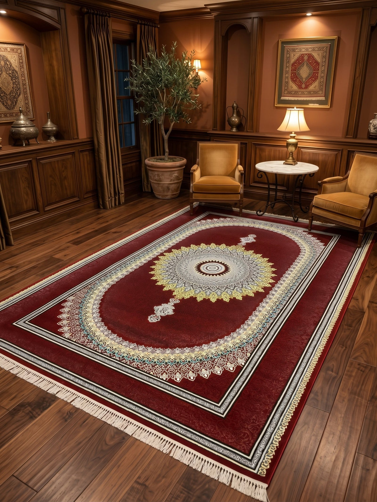 Red Sunburst Medallion Turkish Rug styled in a room — Stylish Rugs & Carpets, Sacramento