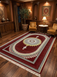 Red Sunburst Medallion Turkish Rug styled in a room — Stylish Rugs & Carpets, Sacramento