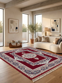 Red Traditional Medallion Persian Rug · 1200 Reeds — size 6.5×10 ft (200×300 cm) shown to scale in a living room — Stylish Rugs & Carpets, Sacramento