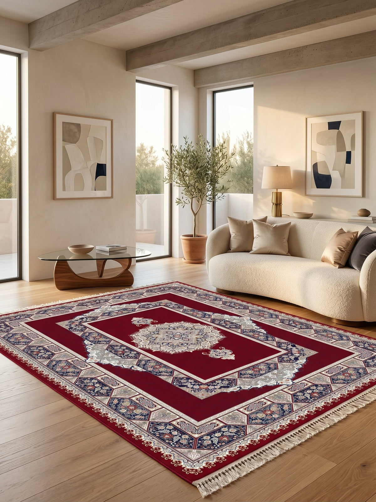 Red Traditional Medallion Persian Rug · 1200 Reeds — size 6.5×10 ft (200×300 cm) shown to scale in a living room — Stylish Rugs & Carpets, Sacramento