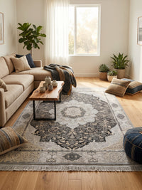 Gray & Gold Cream-Border Persian Rug styled in a room — Stylish Rugs & Carpets, Sacramento