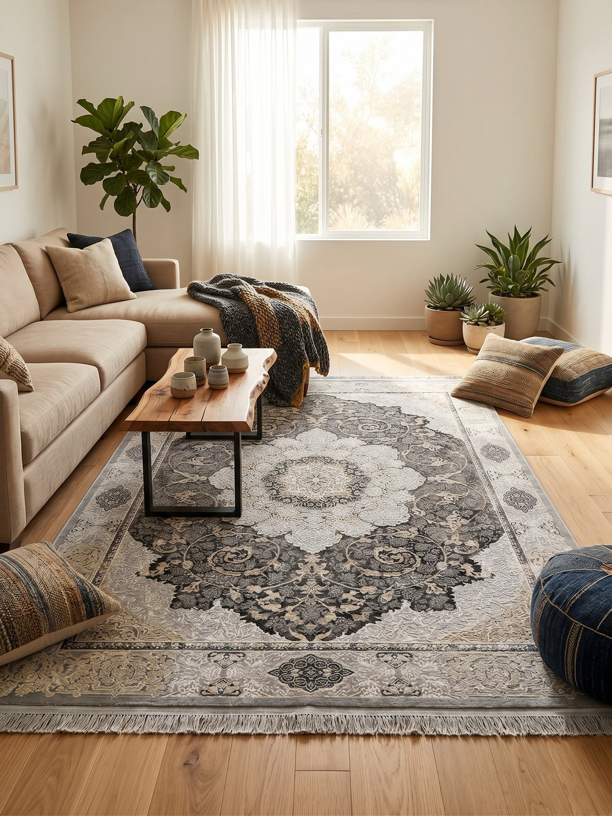 Gray & Gold Cream-Border Persian Rug styled in a room — Stylish Rugs & Carpets, Sacramento