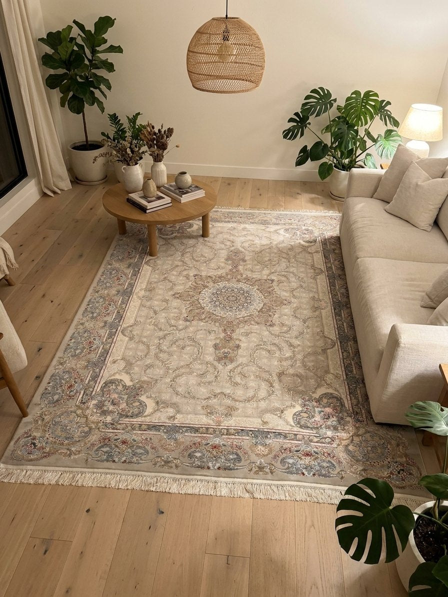 Light Cream Medallion Persian Rug · 2M Points rug styled in a Sacramento home — Stylish Rugs & Carpets