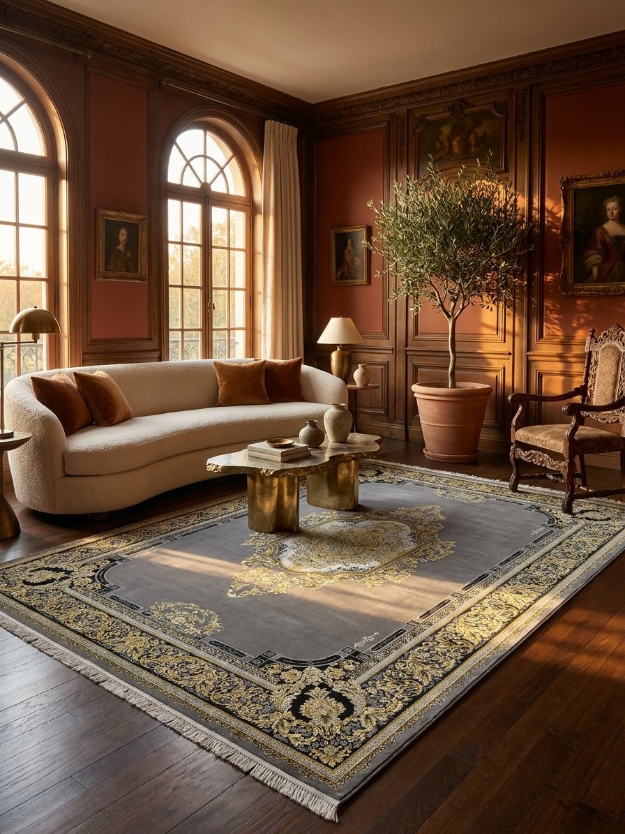 Gray & Gold Medallion Shah Persian Rug rug styled in a Sacramento home — Stylish Rugs & Carpets