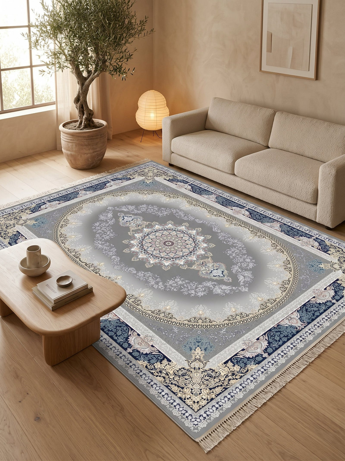 Navy-Border Oval Medallion Persian Rug · 1200 Reeds styled in a room — Stylish Rugs & Carpets, Sacramento