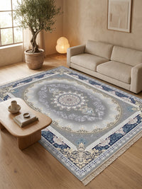 Navy-Border Oval Medallion Persian Rug · 1200 Reeds styled in a room — Stylish Rugs & Carpets, Sacramento