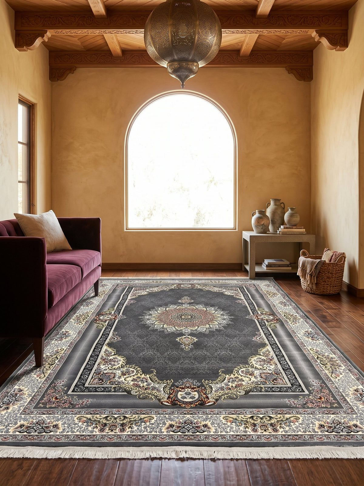 Dark Gray Circular Floral Turkish Rug styled in a room — Stylish Rugs & Carpets, Sacramento