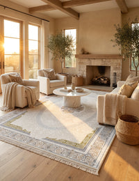 Beige Oval Medallion Persian Rug — area rug styled in a room, Stylish Rugs & Carpets, Sacramento