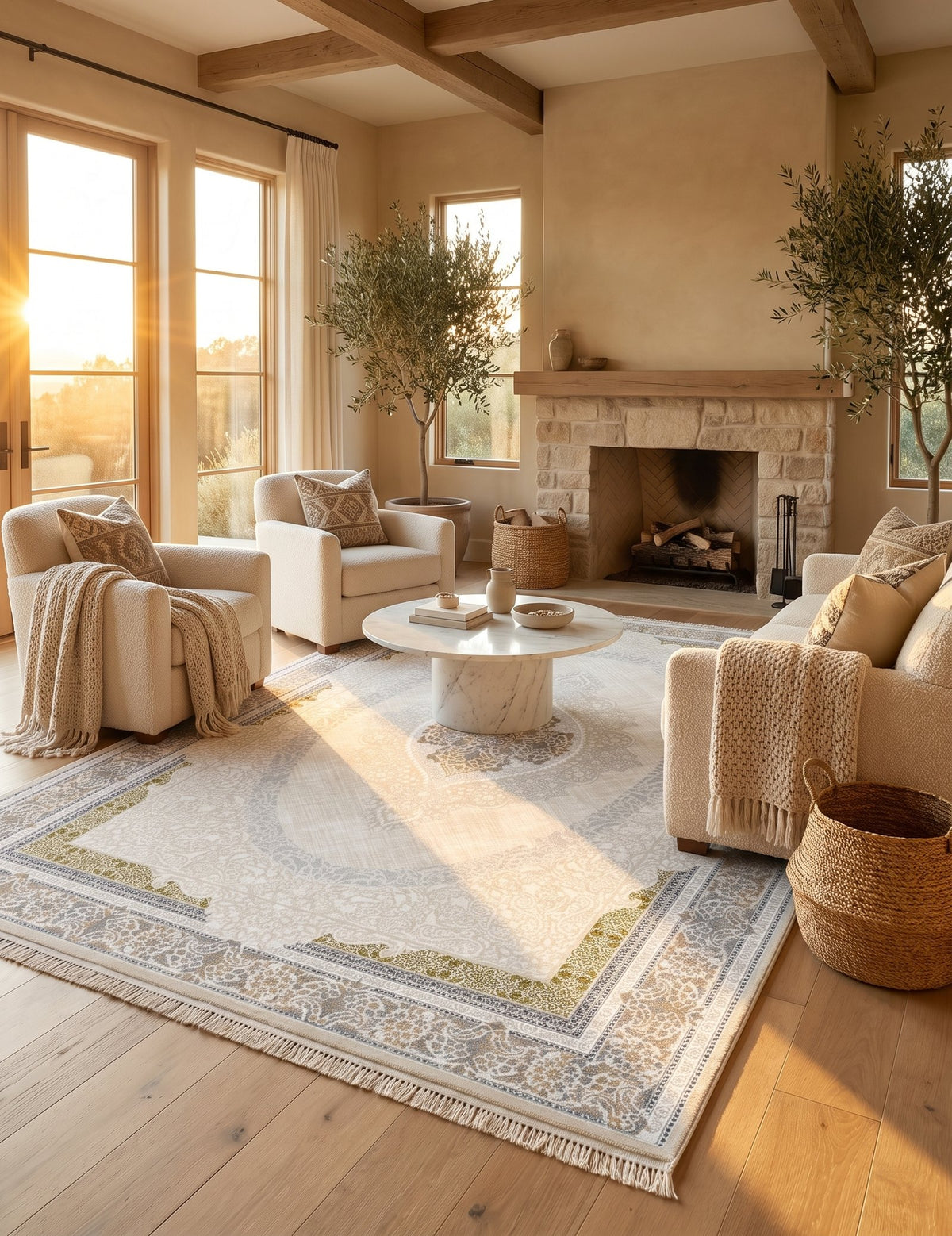Beige Oval Medallion Persian Rug — area rug styled in a room, Stylish Rugs & Carpets, Sacramento