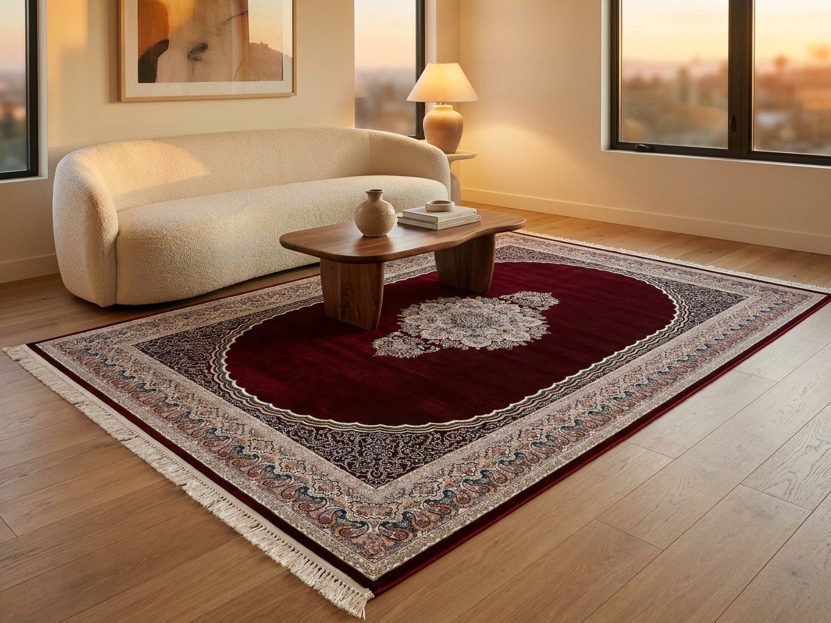 Burgundy Medallion Persian Rug · 1200 Reeds — size 3x10Feet (91x300cm)  3Meters Runner shown to scale in a living room — Stylish Rugs & Carpets, Sacramento