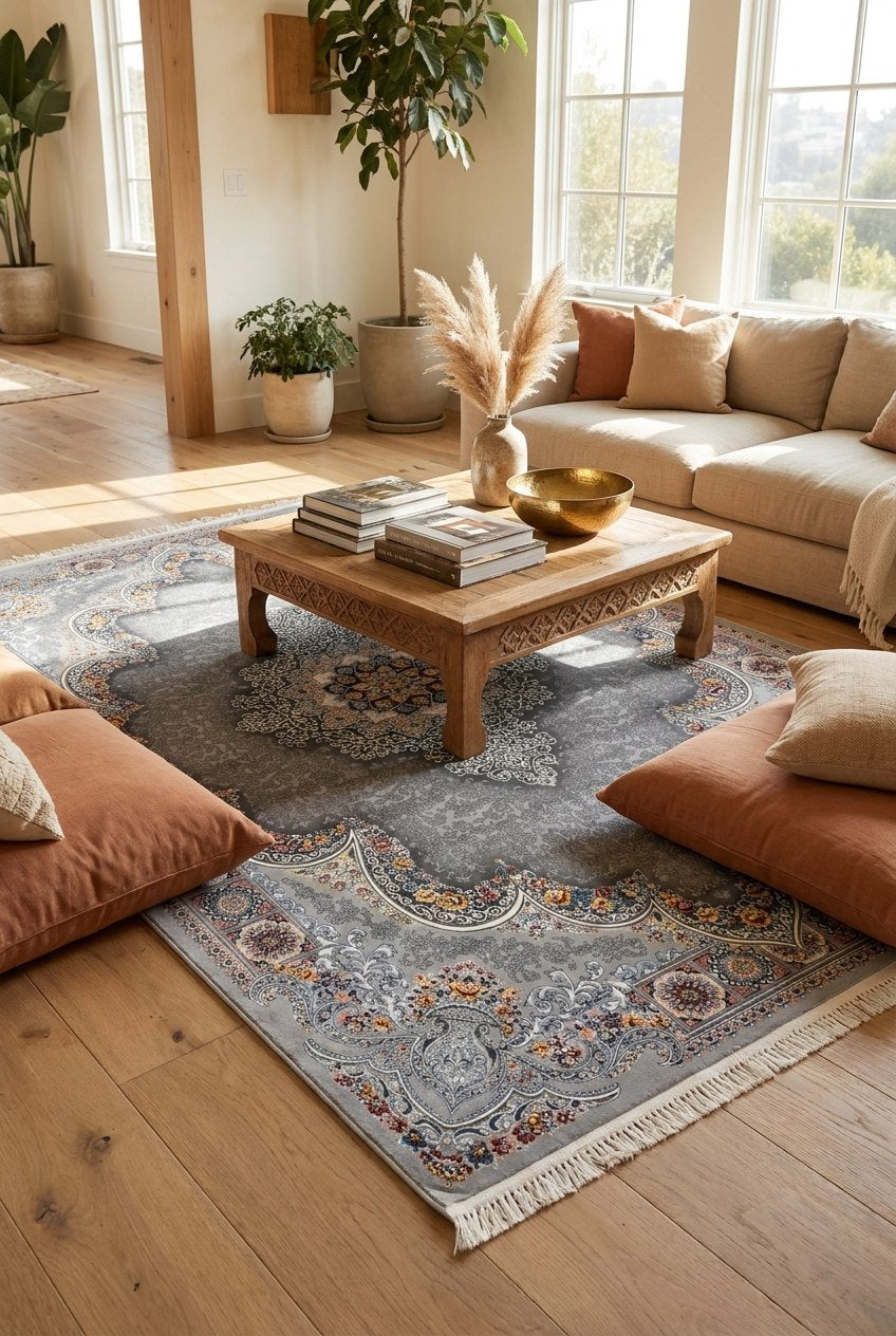 Light Gray Medallion Persian Rug · 1200 Reeds — size 3x6Feet (91x200cm)  2Meters Runner shown to scale in a living room — Stylish Rugs & Carpets, Sacramento