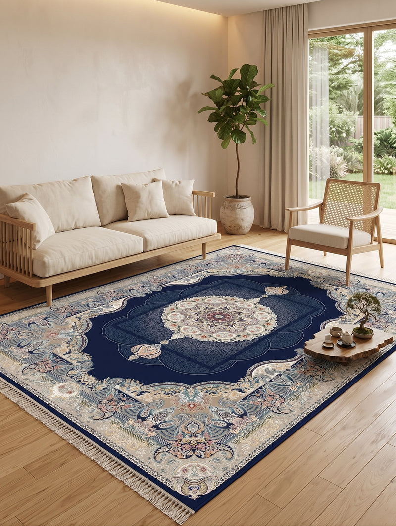 2026 navy blue Persian-inspired traditional rug with royal medallion, 1200 reeds, detailed floral border