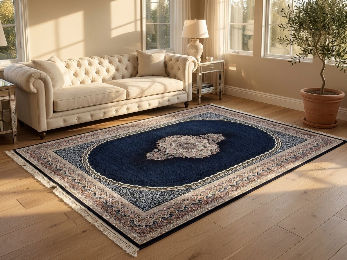 Navy Medallion Persian Rug · 1200 Reeds — size 5x7.5 ft (150x230 cm) 3.5Meters shown to scale in a living room — Stylish Rugs & Carpets, Sacramento