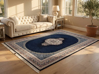 Navy Medallion Persian Rug · 1200 Reeds — size 5x7.5 ft (150x230 cm) 3.5Meters shown to scale in a living room — Stylish Rugs & Carpets, Sacramento