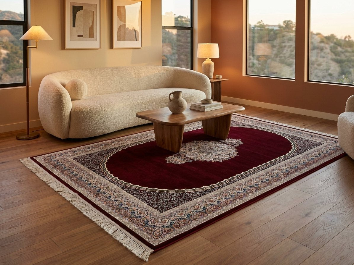 Burgundy Medallion Persian Rug · 1200 Reeds — size 3x6Feet (91x200cm)  2Meters Runner shown to scale in a living room — Stylish Rugs & Carpets, Sacramento