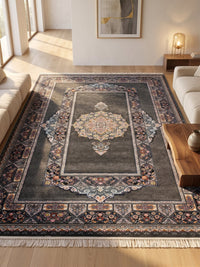 Dark Gray Traditional Medallion Persian Rug · 1200 Reeds — size 8.2x11.5 Feet (250x350 cm) 9Meters shown to scale in a living room — Stylish Rugs & Carpets, Sacramento