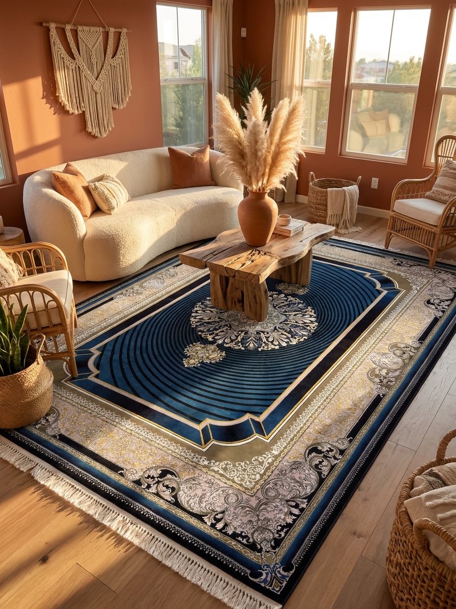 Navy 3D Persian Rug · 1200 Reeds rug styled in a Sacramento home — Stylish Rugs & Carpets
