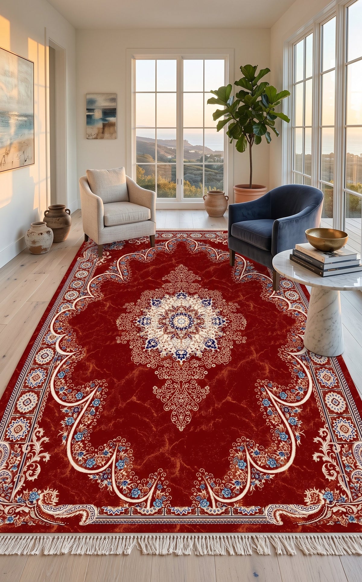 Star Kashan Persian Rug, Red — 1200 Reeds styled in a room — Stylish Rugs & Carpets, Sacramento