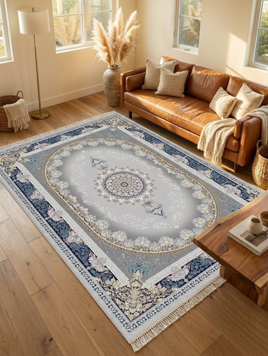 Navy Medallion Persian Rug · 1200 Reeds — size 6.5x10 Feet (200x300 cm) 6Meters shown to scale in a living room — Stylish Rugs & Carpets, Sacramento