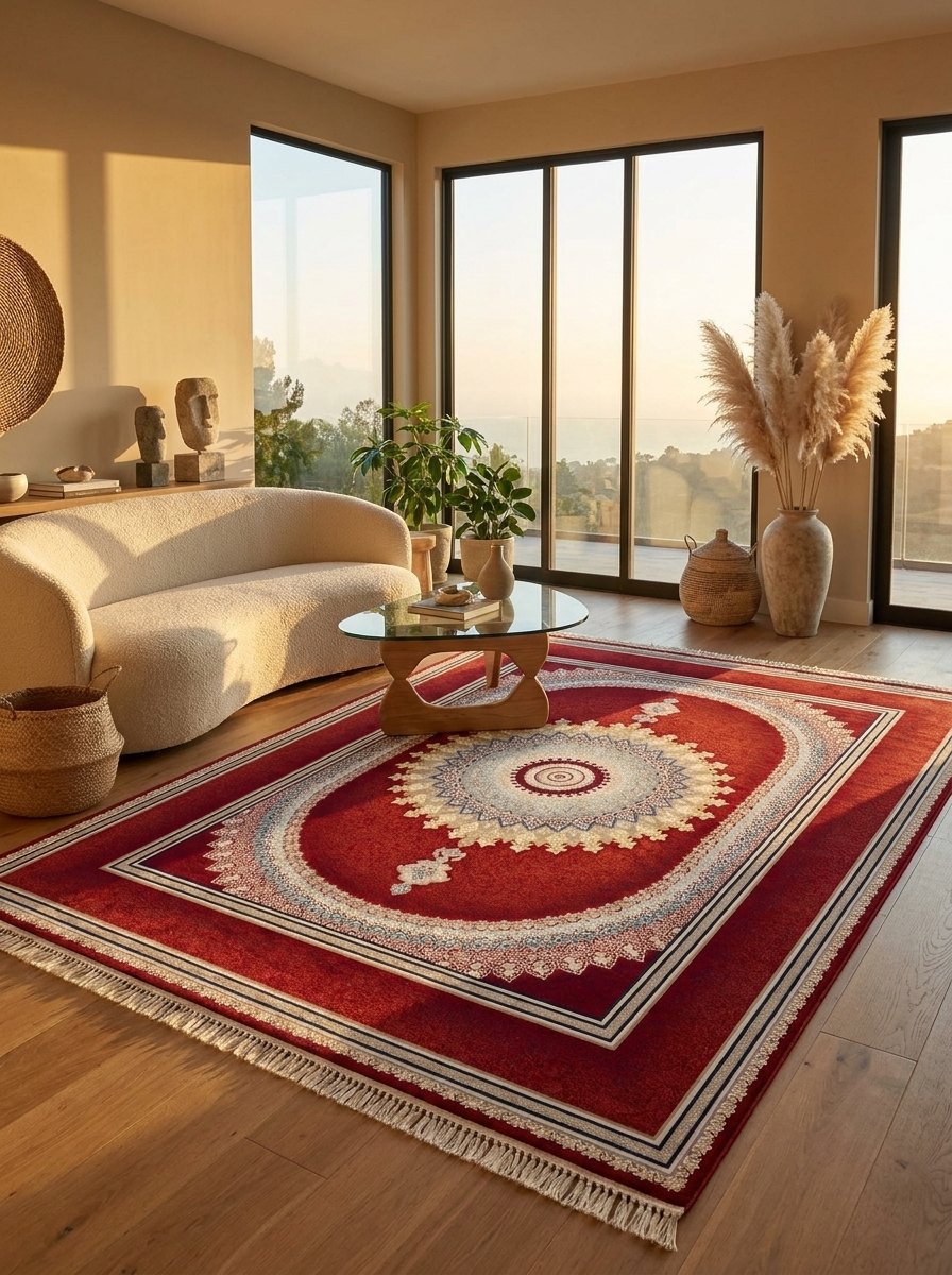 Royal Red Medallion Persian Rug · 1200 Reeds — size 10x13 Feet (300x400 cm) 12Meters shown to scale in a living room — Stylish Rugs & Carpets, Sacramento
