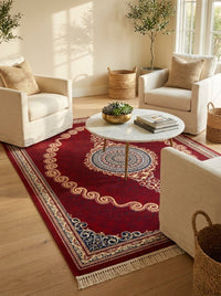 Red & Gold Scroll Persian Rug · 1200 Reeds — size 5x7.5 ft (150x230 cm) 3.5Meters shown to scale in a living room — Stylish Rugs & Carpets, Sacramento