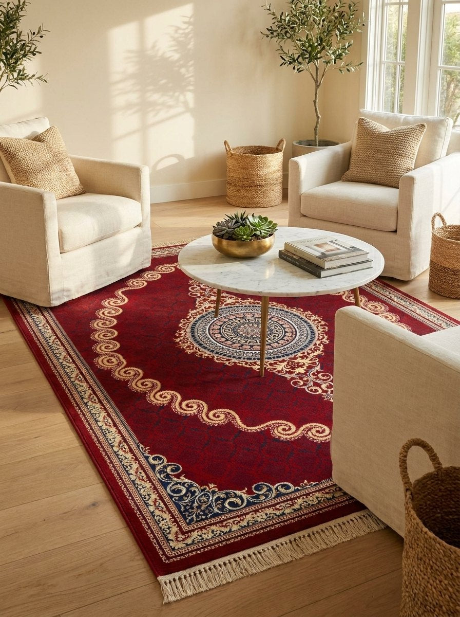 Red & Gold Scroll Persian Rug · 1200 Reeds — size 5x7.5 ft (150x230 cm) 3.5Meters shown to scale in a living room — Stylish Rugs & Carpets, Sacramento