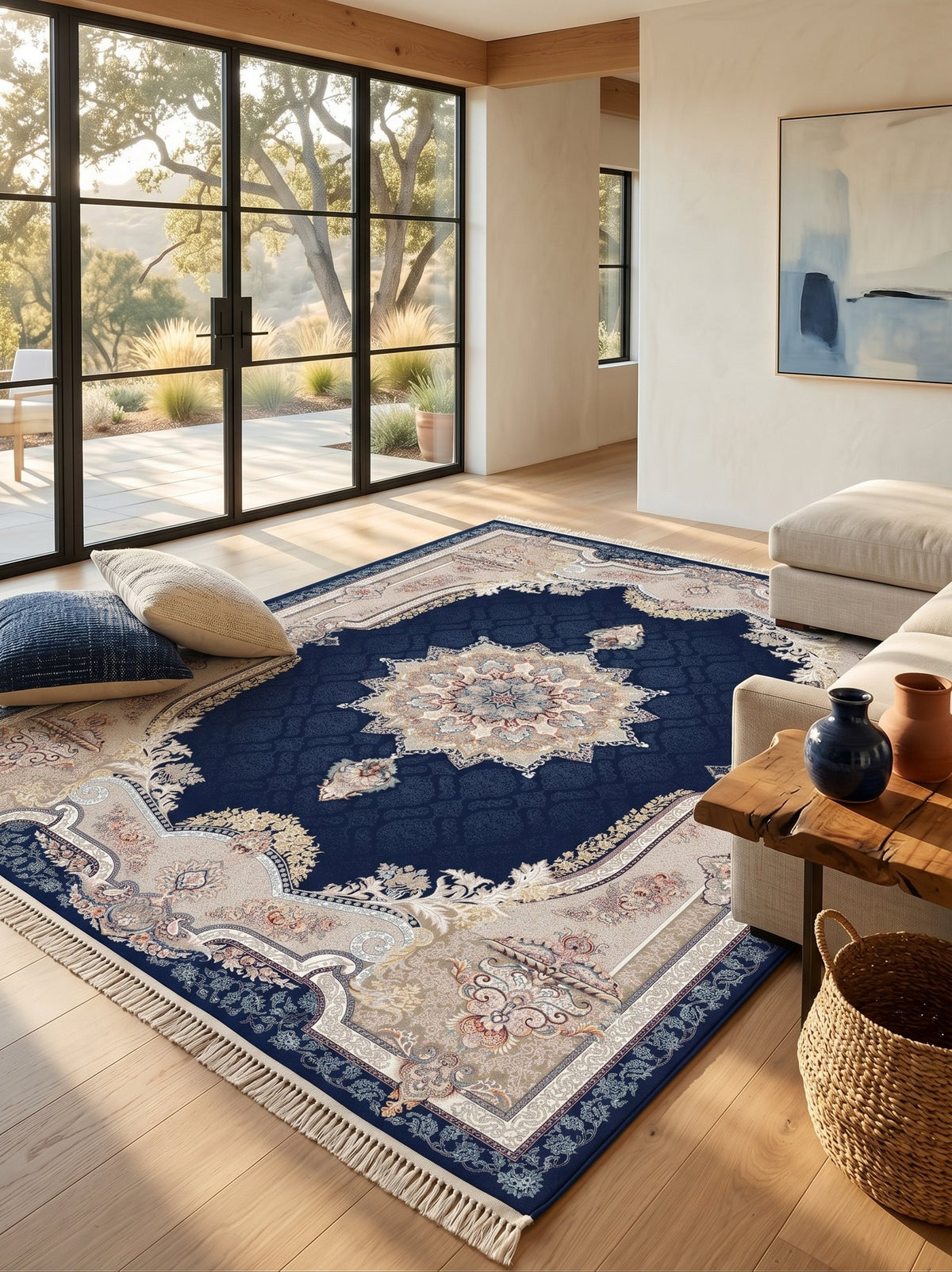 Deep Navy Ornate-Frame Persian Rug · 1200 Reeds — size 6.5x10 Feet (200x300 cm) 6Meters shown to scale in a living room — Stylish Rugs & Carpets, Sacramento