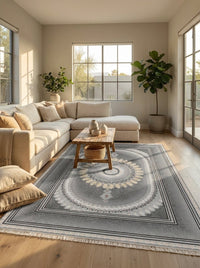 Dark Gray Medallion Persian Rug · 1200 Reeds — size 6.5x10 Feet (200x300 cm) 6Meters shown to scale in a living room — Stylish Rugs & Carpets, Sacramento
