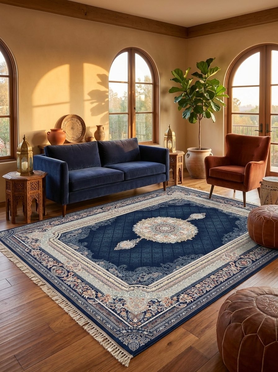 Navy Medallion Persian Rug · 1200 Reeds rug styled in a Sacramento home — Stylish Rugs & Carpets