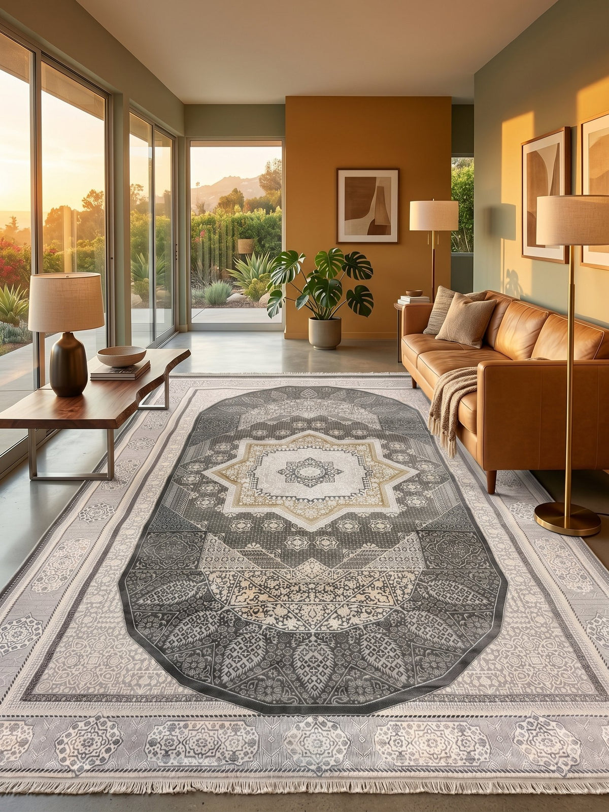 Dark Gray Panel Star Turkish Rug styled in a room — Stylish Rugs & Carpets, Sacramento