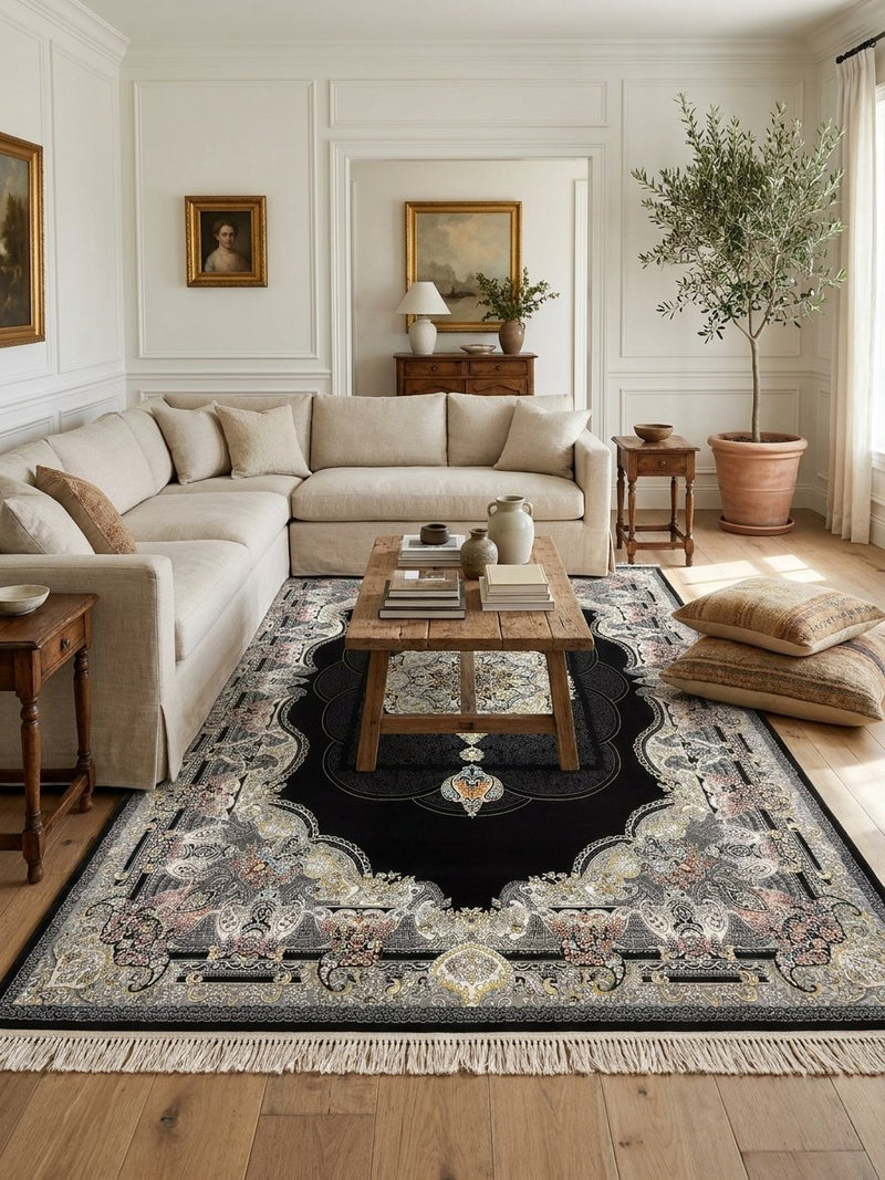 Black Ornate Paisley Border Medallion Turkish Rug | Stylish Rugs