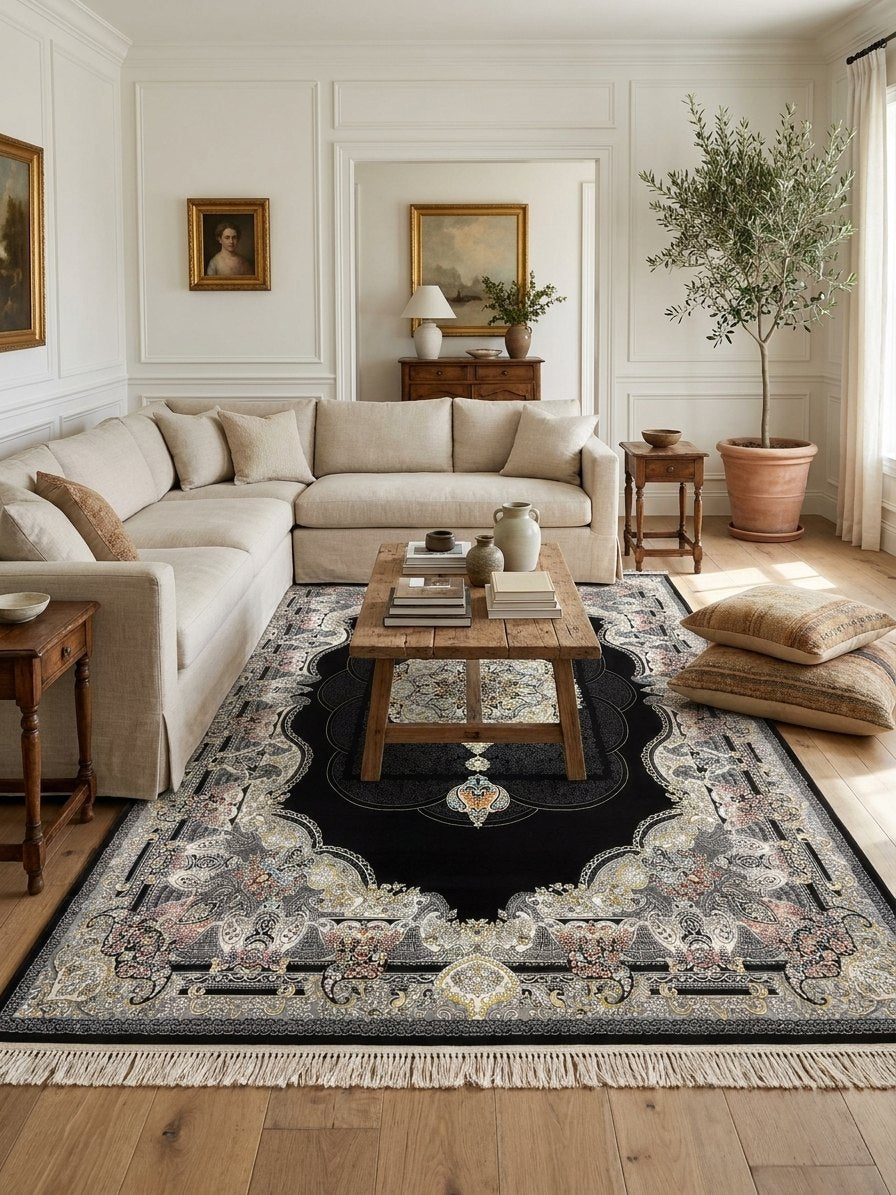 Black Paisley Turkish Rug rug styled in a Sacramento home — Stylish Rugs & Carpets
