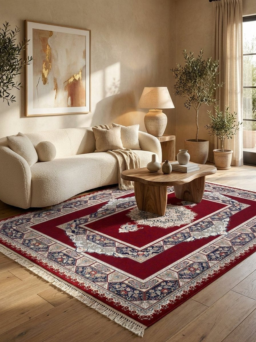 Red Medallion Persian Rug · 1200 Reeds — size 6.5x10 Feet (200x300 cm) 6Meters shown to scale in a living room — Stylish Rugs & Carpets, Sacramento