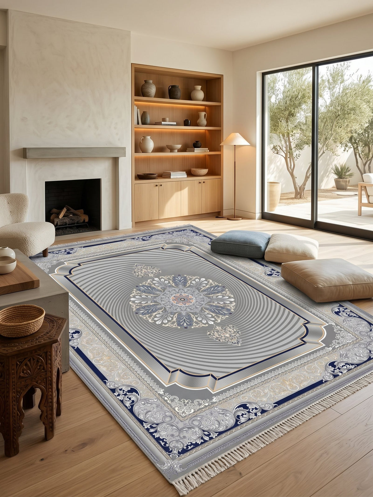 Dark Gray 3D Persian Rug · 1200 Reeds — size 6.5x10 Feet (200x300 cm) 6Meters shown to scale in a living room — Stylish Rugs & Carpets, Sacramento