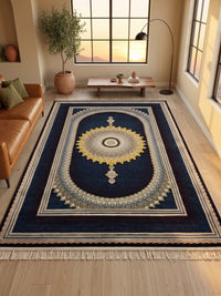 Navy & Burgundy Medallion Persian Rug · 1200 Reeds — size 10x13 Feet (300x400 cm) 12Meters shown to scale in a living room — Stylish Rugs & Carpets, Sacramento