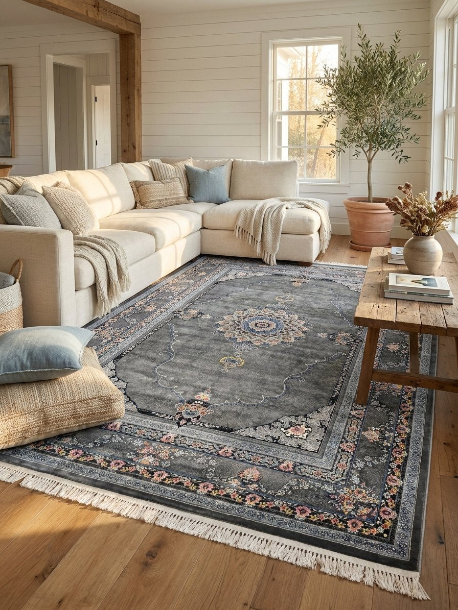Light Gray Medallion Persian Rug · 1200 Reeds rug styled in a Sacramento home — Stylish Rugs & Carpets